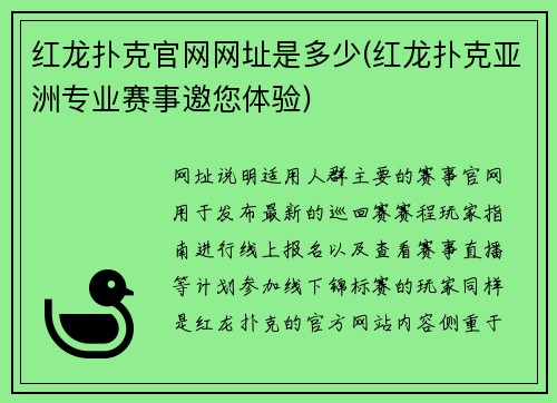 红龙扑克官网网址是多少(红龙扑克亚洲专业赛事邀您体验)